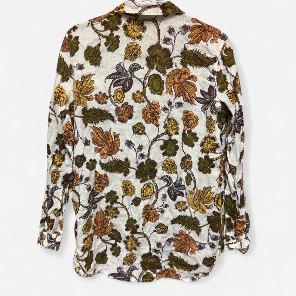 Nicole Miller Linen Blouse With Autumn Color Floral and Bird Pattern - Picture 2 of 5